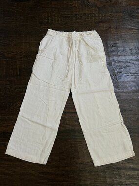 Ivory Linen Wide Leg Drawstring Cropped Pants Small